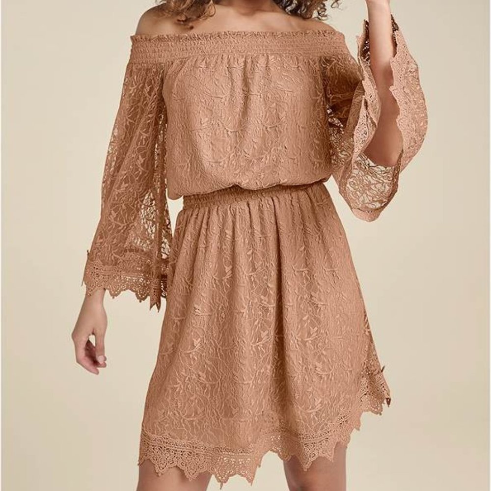 Off the shoulder lace dress in Camel